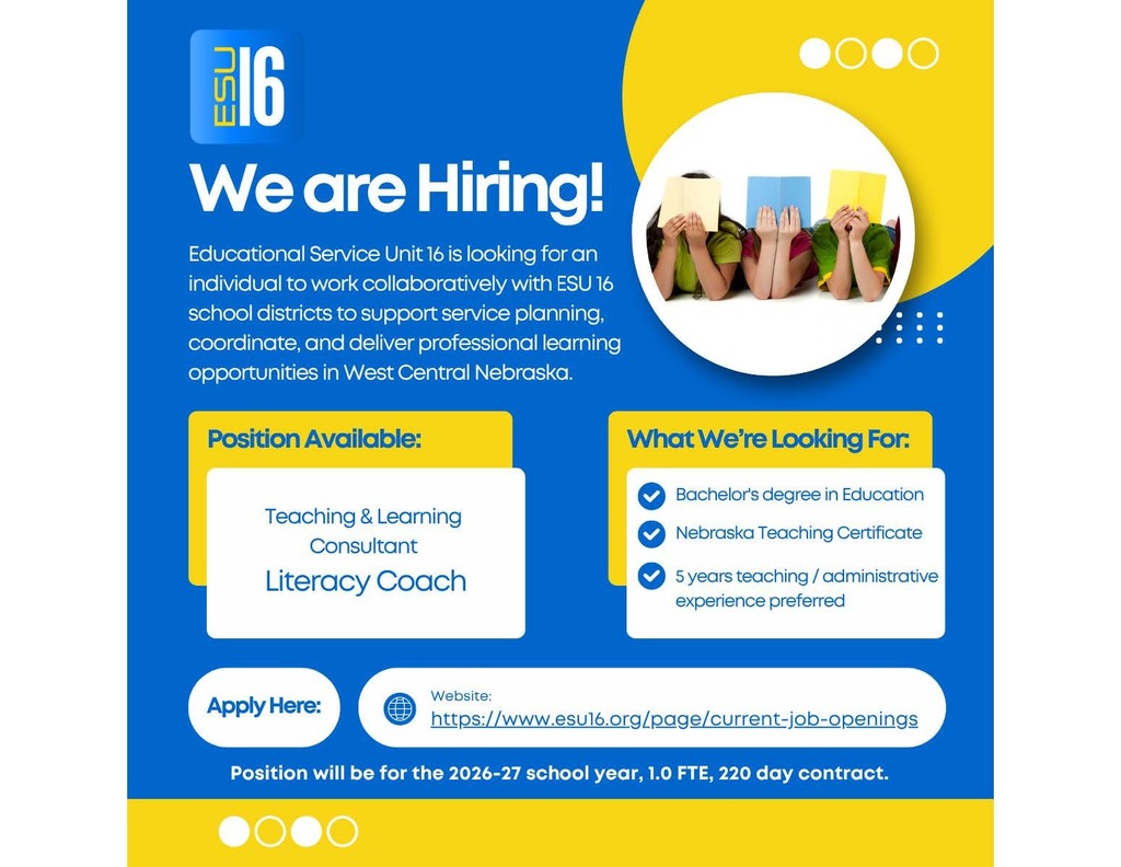 ESU 16 is HIRING!!  Image Text: ESU 16 is Hiring a Literacy Coach! What We've Got: Experience supporting school service planning, Provide professional learning and collaborate across central Nebraska. What You'll Need: Bachelor's or Master's in Education, 3+ years experience. ESU 16 is a service unit and Equal Opportunity Employer.