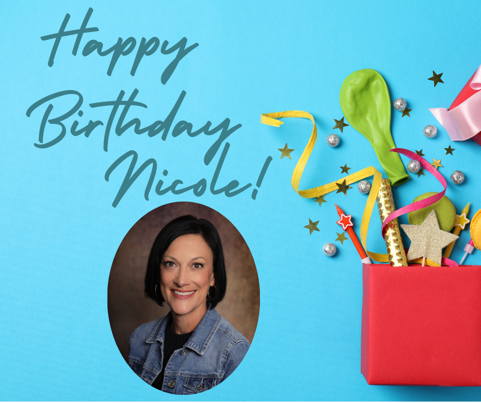 Social Media Birthday PostersThis flyer is a bright, cheerful birthday graphic with a fun, celebratory feel. The background is a vibrant light blue. Large, handwritten-style text on the left reads: “Happy Birthday Nicole!” Below the text is a circular, professional-style headshot of a smiling woman wearing a denim jacket against a studio backdrop. On the right side, there’s a red gift box filled with party items like balloons, ribbon, stars, and festive decorations spilling out. Gold stars, silver confetti balls, and curling ribbon are scattered around, adding movement and excitement.