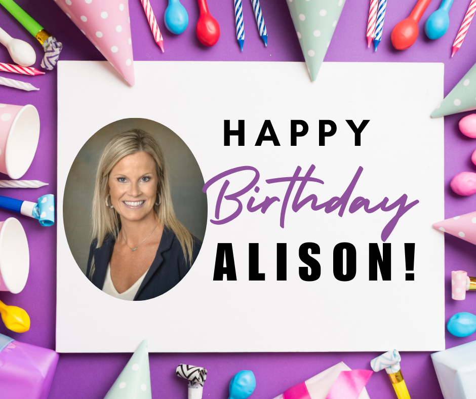 This flyer has a bright, festive birthday theme with a purple background and colorful party decorations arranged around the edges. Scattered throughout are pastel party hats with polka dots, striped birthday candles, party blowers, balloons, and small wrapped candies, creating a cheerful celebration border.  In the center is a large white rectangular panel. On the left side of the panel is an oval-framed professional headshot of a smiling blonde woman wearing a navy blazer over a white top. She is wearing earrings and a delicate necklace, and the photo has a soft, neutral studio background.  To the right of the photo, bold text reads:  HAPPY (in black, uppercase letters) Birthday (in a large, purple script font) ALISON! (in bold, black, uppercase letters)  The mix of bold block lettering and flowing script gives it a modern, celebratory look. Overall, the flyer feels polished, upbeat, and personalized for Alison’s birthday celebration. 🎉