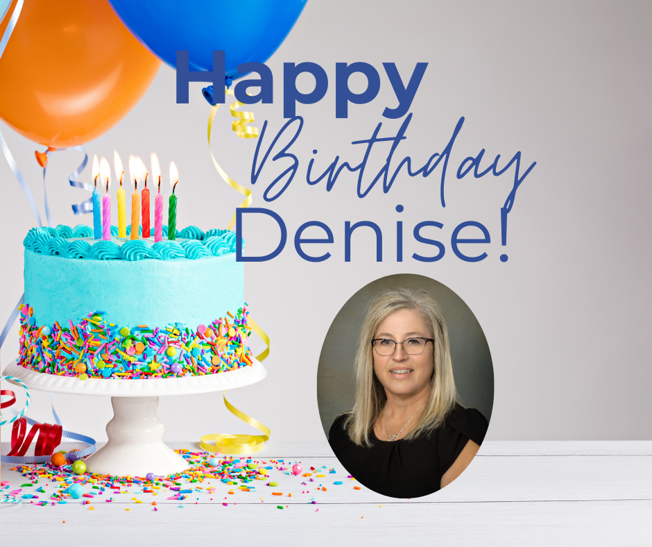 This flyer features a bright, celebratory birthday theme with a clean, modern layout.  On the left side, there is a vibrant blue frosted cake sitting on a white cake stand. The cake is decorated with colorful sprinkles around the sides and topped with several lit birthday candles in different bright colors. Above the cake float two large balloons—one orange and one blue—with curling ribbon cascading down. Confetti and ribbon are scattered across a white tabletop, adding to the festive feel.  On the right side of the flyer, large blue text reads:  Happy (in bold, uppercase-style lettering) Birthday (in a flowing script font) Denise! (in bold lettering with an exclamation mark)  Below the text, near the bottom right corner, there is an oval-framed professional headshot of a woman with shoulder-length blonde hair wearing glasses and a black top. She is smiling gently, and the portrait has a neutral studio-style background.  Overall, the design is cheerful and polished, combining bright party imagery with a professional headshot to create a personalized birthday celebration flyer for Denise. 🎂🎈