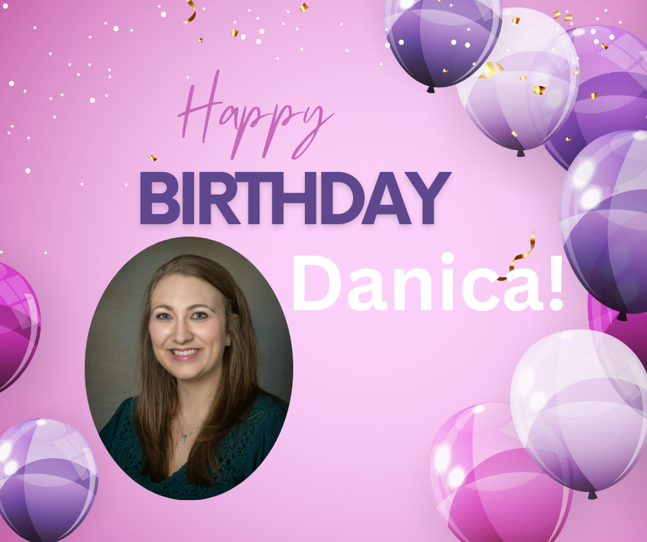 This is a festive, personalized birthday flyer featuring a soft and celebratory aesthetic. Here is a breakdown of the design elements:  Visual Composition Background: The background is a vibrant light pink gradient that is darker at the edges and brighter in the center. It is decorated with subtle white "sparkle" dots and floating gold confetti ribbons.  Balloons: Several glossy, 3D-style balloons frame the right and left sides of the image. They follow a purple and pink color palette, ranging from deep violet to soft magenta.  Main Portrait: A circular cutout on the left side features a professional headshot of a woman (Danica) with long brown hair, wearing a dark teal lace top.  Typography & Text "Happy": Written in a delicate, purple cursive script font at the top center.  "BIRTHDAY": Displayed in a bold, sans-serif, all-caps font in a deep purple shade.  "Danica!": The focal point of the text is her name, written in a large, bold, white sans-serif font that stands out against the pink background.