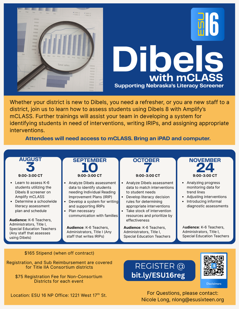 Promotional flyer for the ESU 16 "Dibels with mCLASS" workshop series. The graphic shows a magnifying glass over a data chart and provides details for four training dates: August 3, September 10, October 7, and November 24, 2026. All sessions run from 9:00 AM to 3:00 PM CT at the ESU 16 NP Office. The series covers K-6 assessment, IRIP writing, intervention matching, and progress monitoring. Attendees must bring an iPad and computer. Cost information includes a $75 fee for non-consortium districts and covered registration/sub reimbursement for Title IIA Consortium members. A $165 stipend is available for off-contract days. Includes a QR code and link (bit.ly/ESU16reg) for registration. Contact: nlong@esusixteen.org