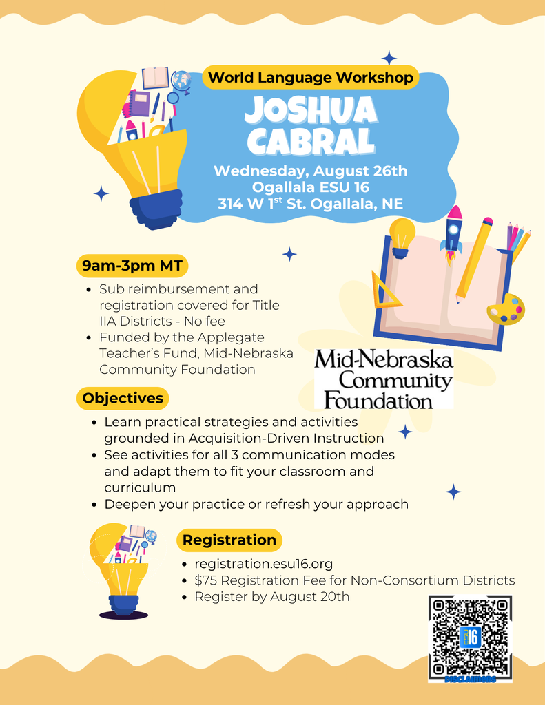 Flyer for World Language Workshop with Joshua Cabral on August 26th at Ogallala ESU 16. Includes event details, registration link, and logos for Mid-Nebraska Community Foundation and ESU 16.