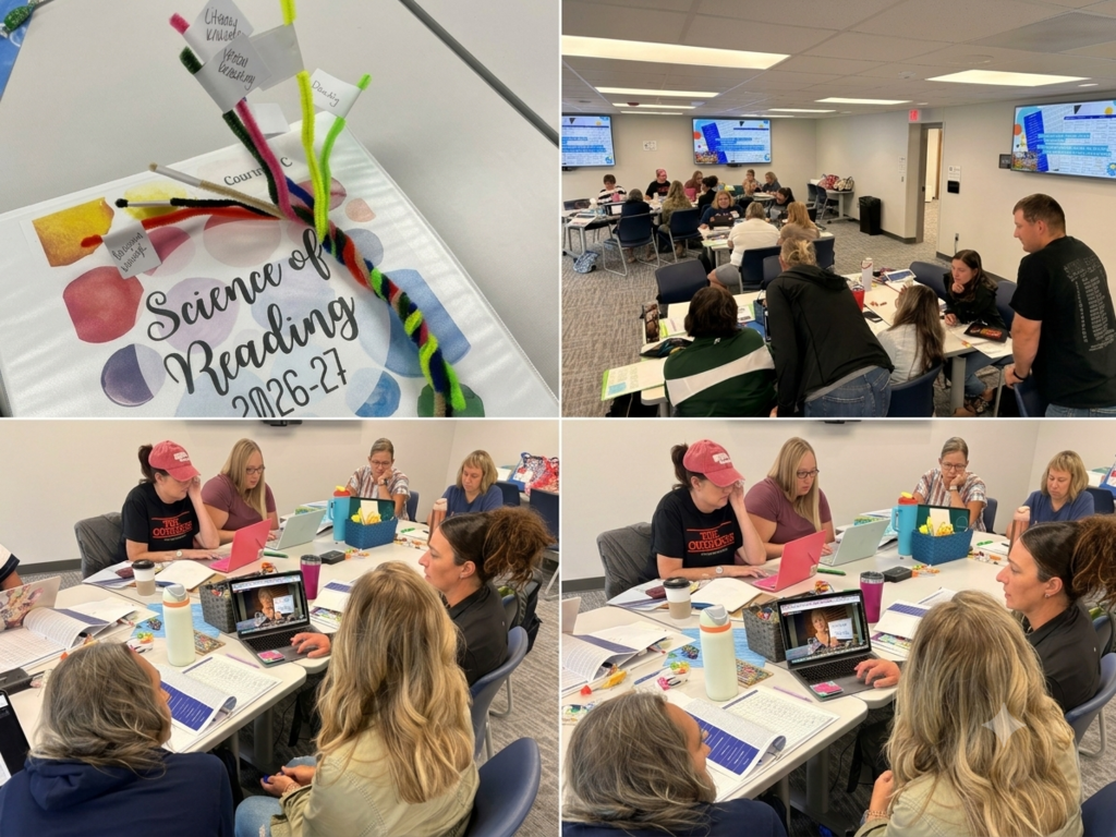 This photo collage features four images of people engaged in activities. In the top left image, colored markers are arranged around a "Science of Reading" notebook with dates ranging from 2026 to 2027. The next photo on the top right displays a large group discussion with individuals sitting around several small tables and large TV screens. Below this photo is an individual engaged with several people around a table while looking at a presentation being given on a small laptop screen. The last photo on the right shows a person leading a small group at a table