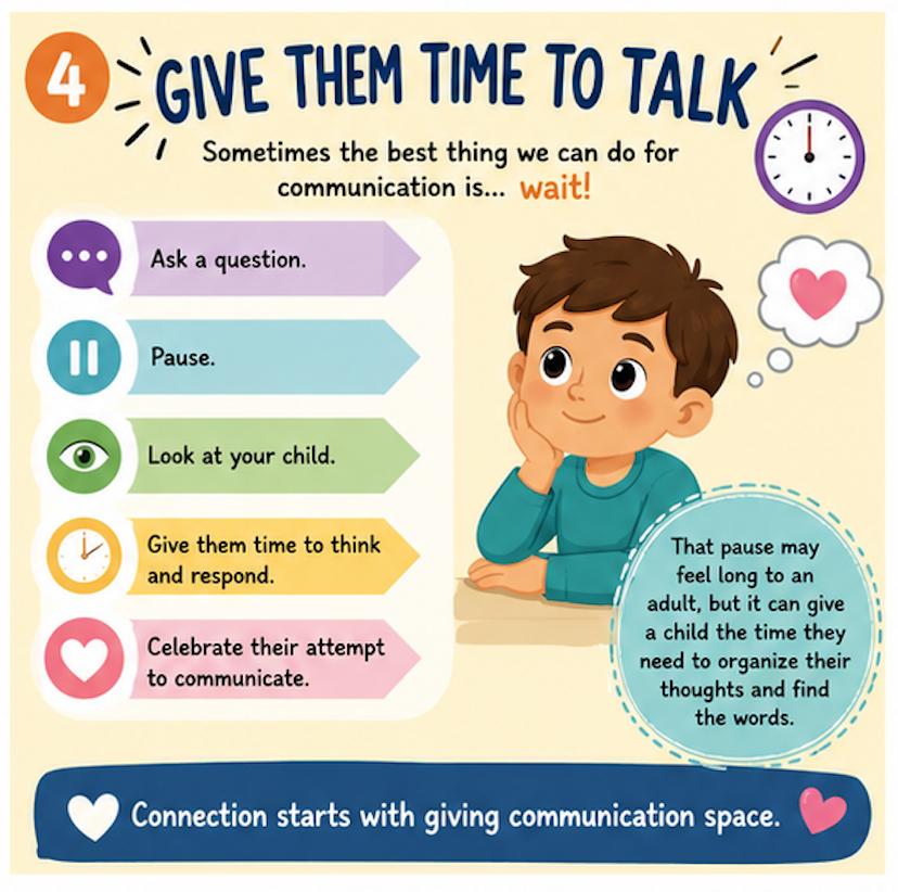 Picture of a child with a heart in his thought bubble. Text stating the importance of giving children time to talk. 