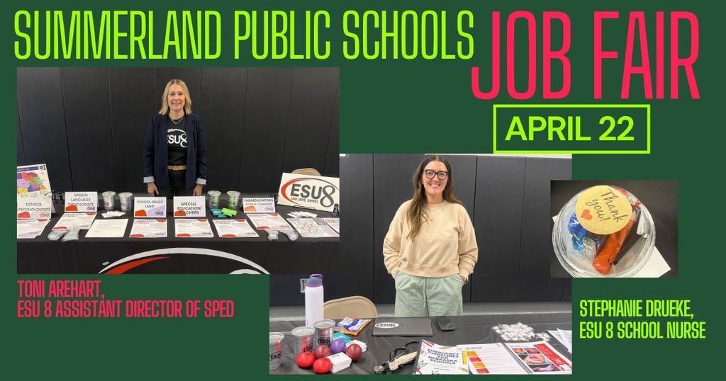 Photos of Toni Arehart (blond woman wearing a black ESU 8 t shirt and black blazer) and Steph Drueke (brunette haired woman wearing a beige colored long sleeve top) at job fair tables at Summerland Public Schools.