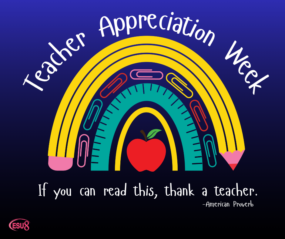 Dark blue background, white font stating "Teacher Appreciation Week "underneath it  shows a pencil, paperclips, a ruler bent into a rainbow shape over top of a red apple