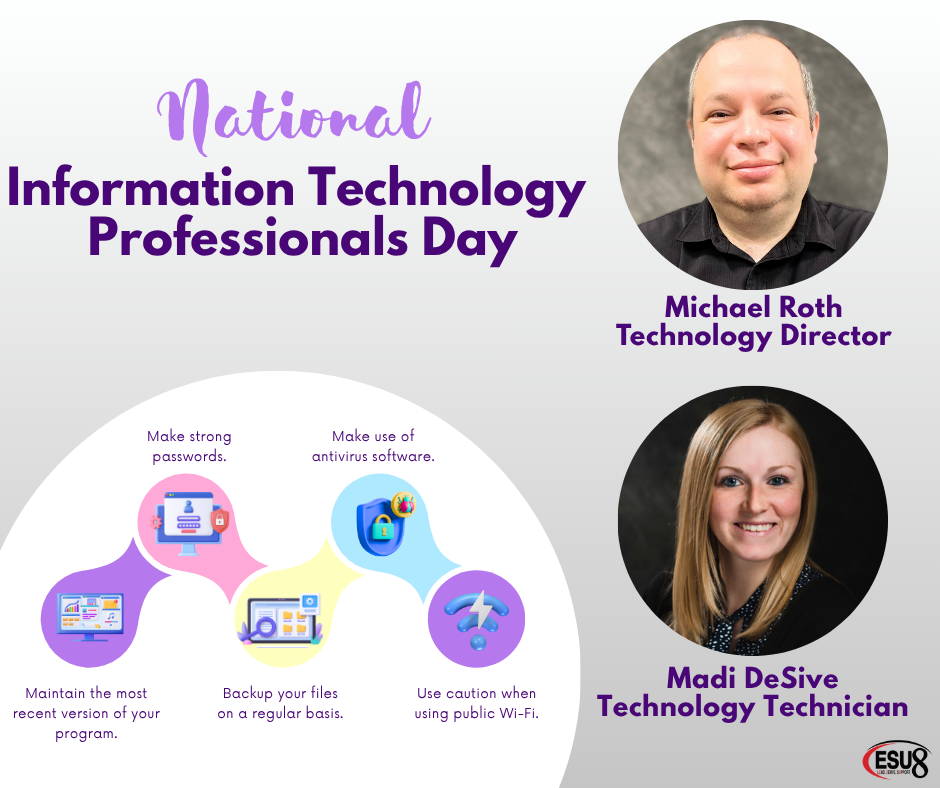 light gray background with the wording in purple print National Information Technology Professionals Day and two circular photos one depiciting a man and the other a woman with light colored hair