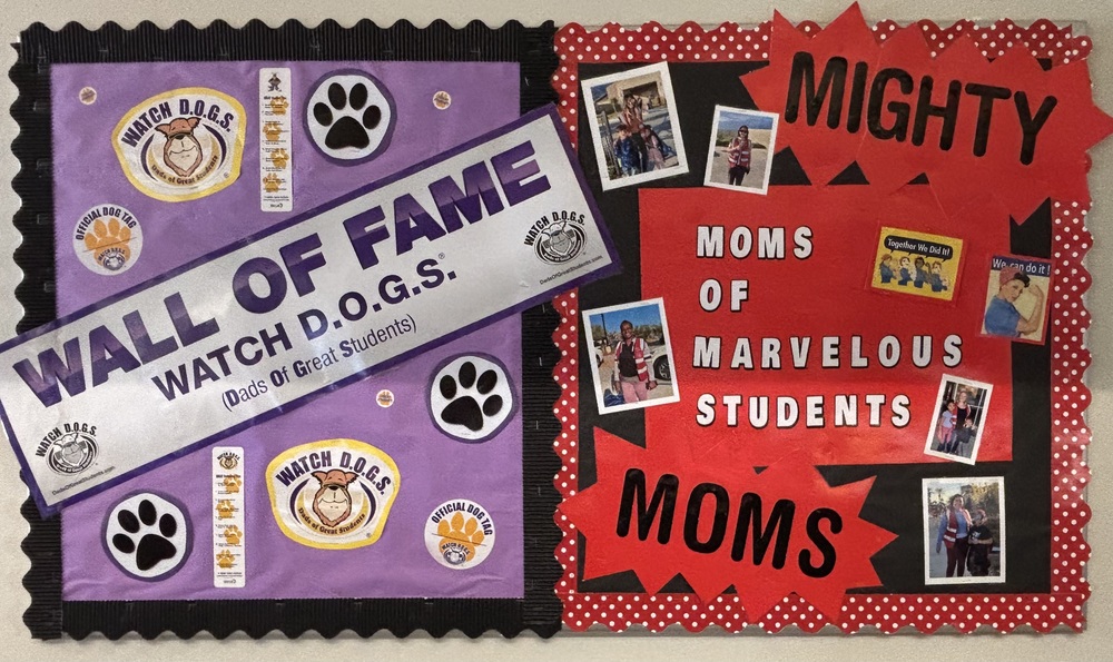 Wall of fame watch dogs(dads of great students), images; paw prints and pictures of two dogs purple and black, image: Mighty moms pictures of five moms helping students, Moms of marvelous students, image; red and black