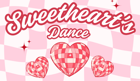 Sweetheart's Dance: with white and pink background and three red, white, and pink disco hearts