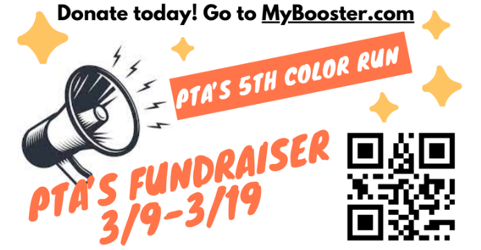 Donate today! Go to MyBooster.com, PTA Fundraiser 3/19-3/19: with a QR code; picture of a megaphone, and yellow stars