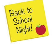 Yellow post it background with red apple icon; Back to School Night