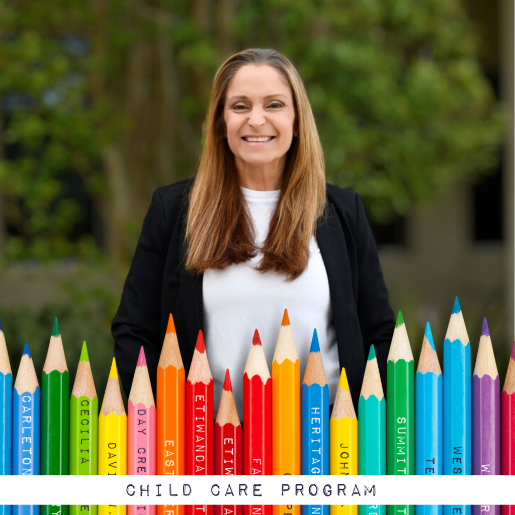 Text: Child Care Program Image: women in blue blazer standing in front of a tree