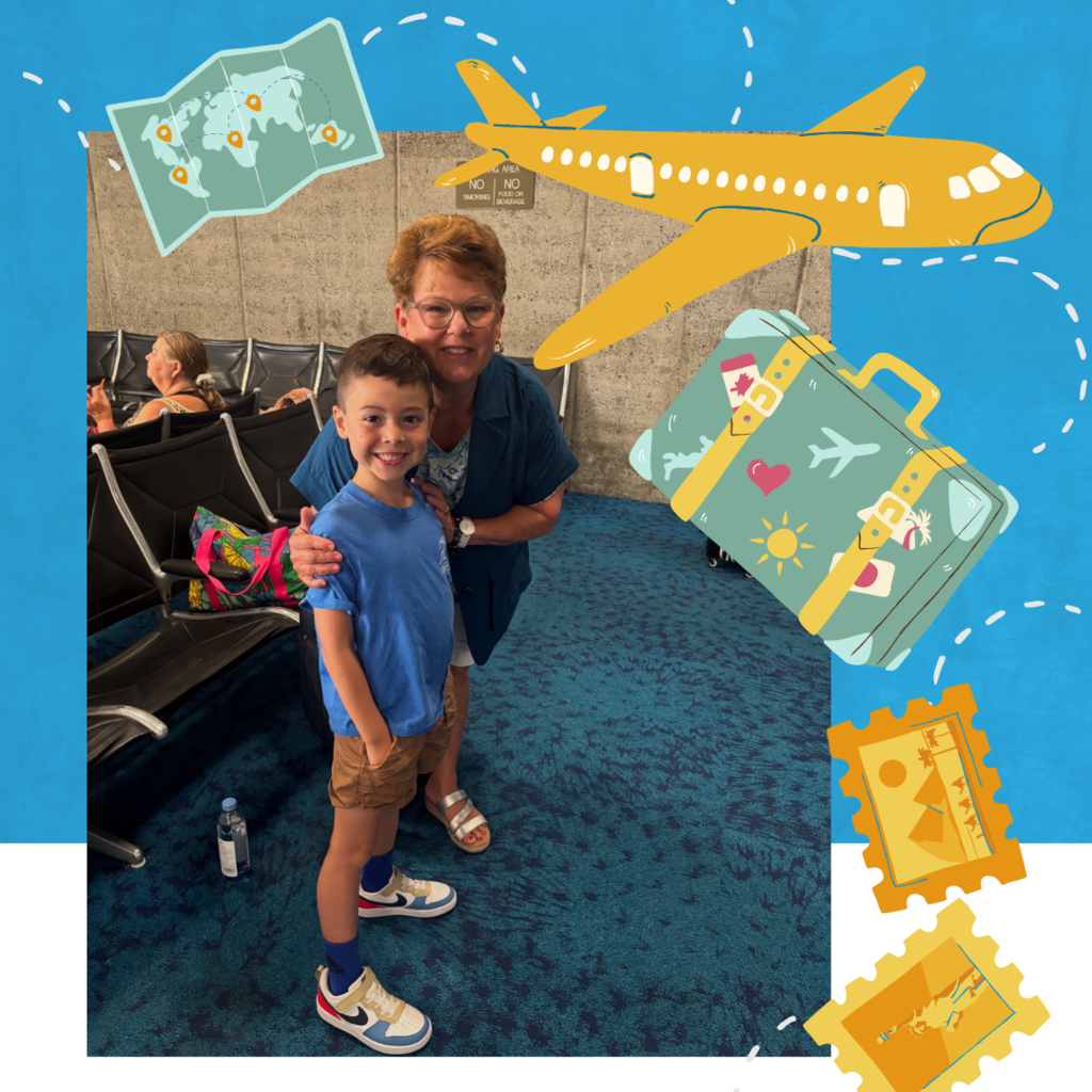 Image: woman and boy posing together - airplane and tickets