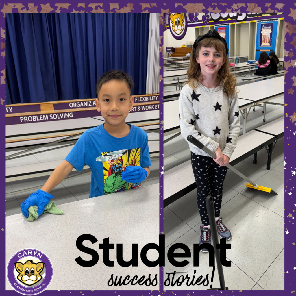 Text: Student Success Stories Image: two students cleaning the cafeteria.