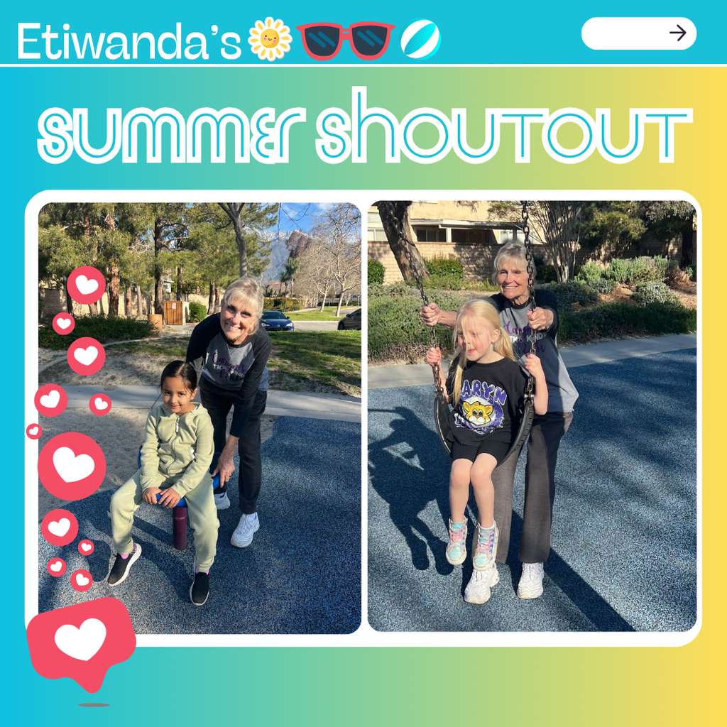 Text: Etiwanda's Summer Shoutout Image: blonde woman with students wearing a Caryn shirt