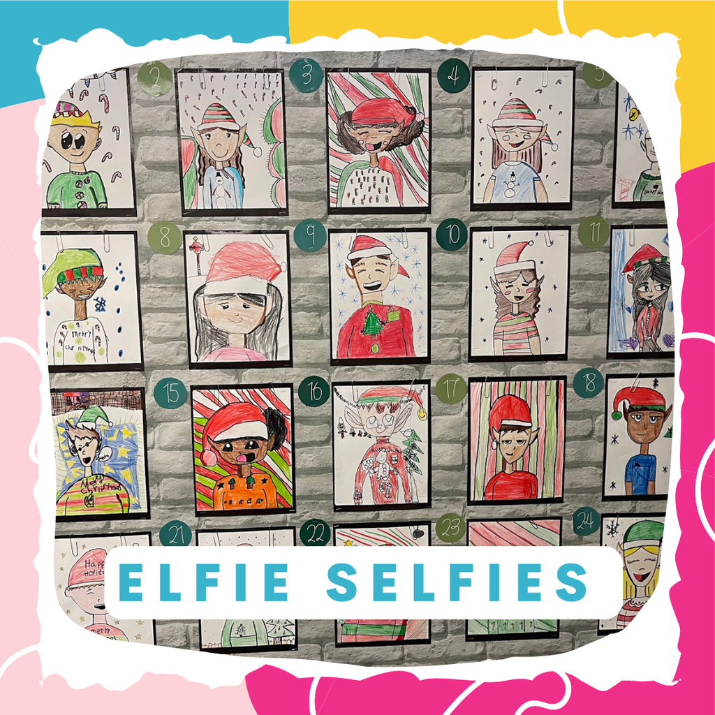 Text: Elfie Selfies Images: drawings of elfs