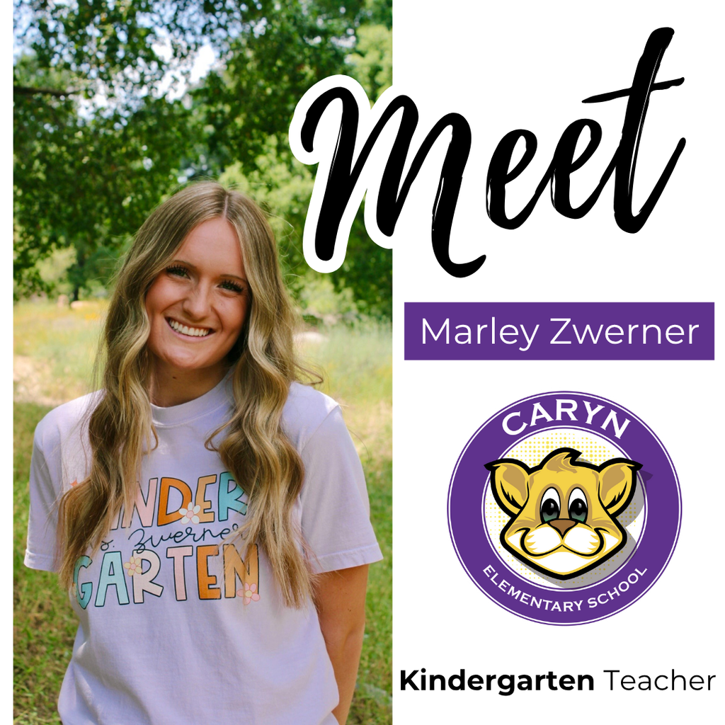 Text: Meet Marley Zwerner, Kindergarten Teacher, Caryn Elementary Image: blonde female wearing a pink shirt