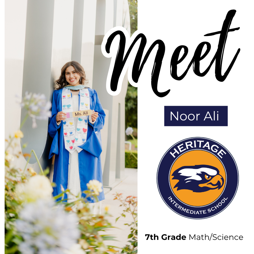 Text: Meet Noor Ali, Heritage Intermediate, 7th Math/Science Image Female wearing a blue gown