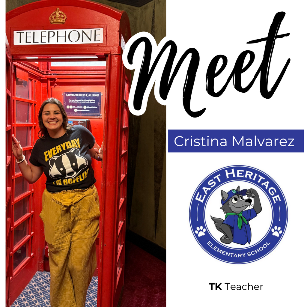 Text: Meet Cristina Malvarez, East Heritage Elementary Image: female wearing a black shirt inside a phone booth