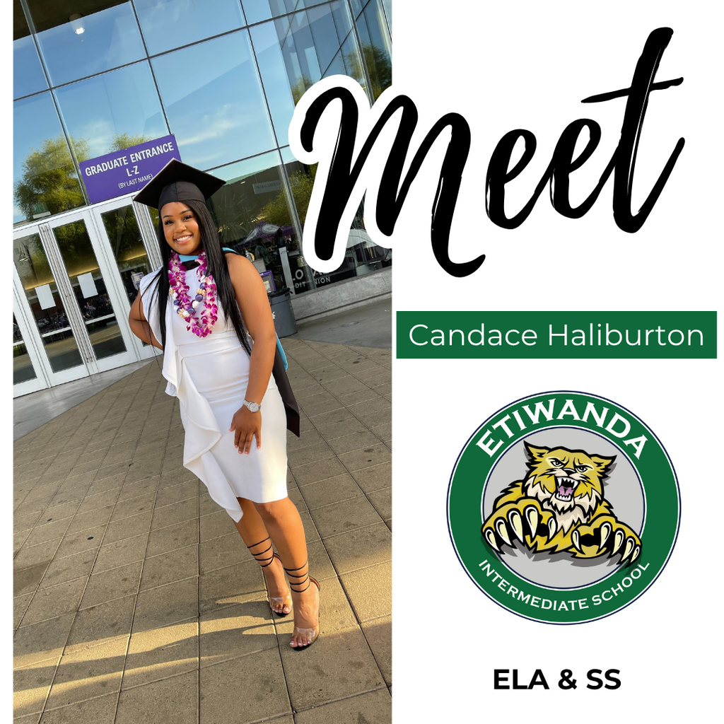 Text: Meet Candace Haliburton, Etiwanda logo Image: woman wearing white dress