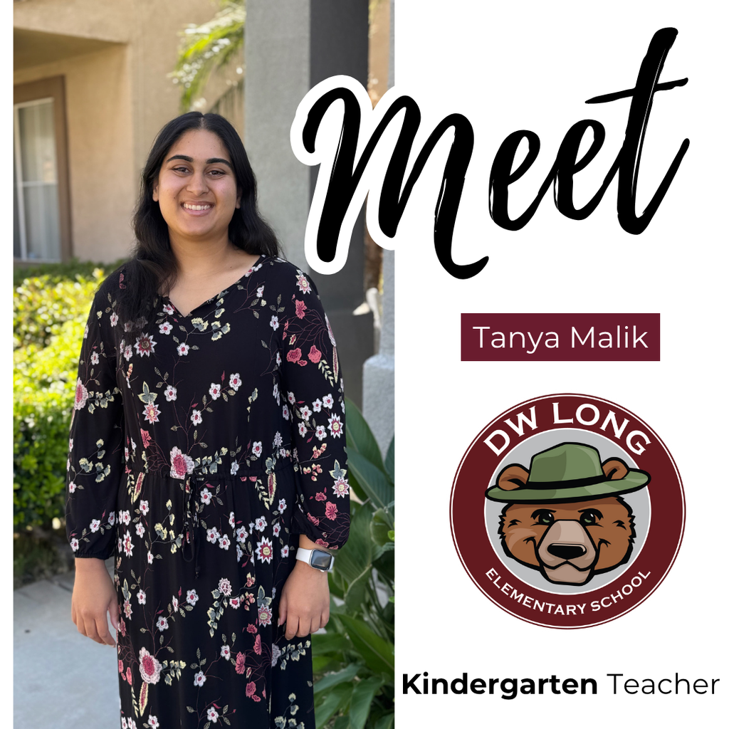 Text: Meet Tanya Malik, DW Long Elementary, Kindergarten Teacher. Image: woman wearing a black and flowered dress with black hair
