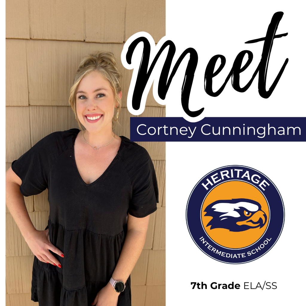 Text: Meet Cortney Cunningham, Heritage Intermediate, 7th Grade ELA/SS Image: Woman with blonde hair wearing a black shirt