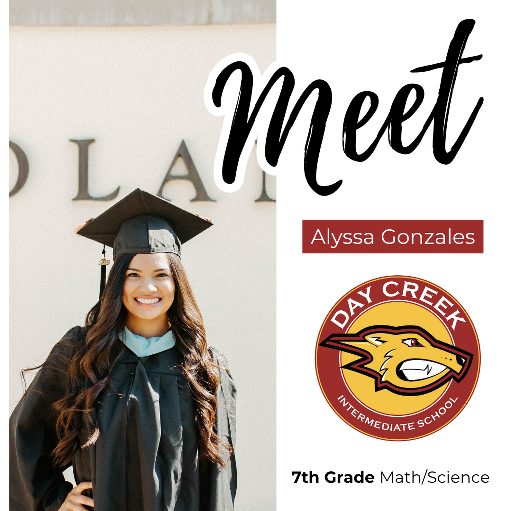 Text: Meet Alyssa Gonzales, DCIS Image: woman with brown hair wearing a grad outfit