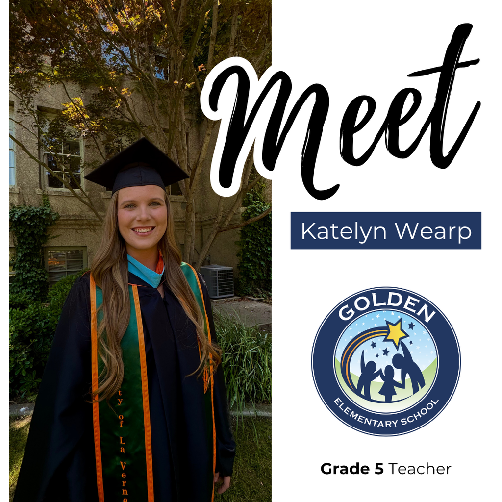 Meet Katelyn Wearp, Golden Elementary, Grade 5 Teacher Image: Blonde woman wearing a blue graduation outfit