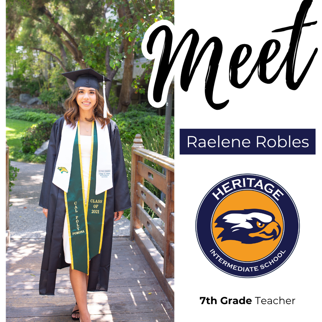 ChatGPT said: Meet Raelene Robles, 7th Grade Teacher at Heritage Intermediate! Raelene has always wanted to be a teacher, and the many inspiring educators she had throughout her K–12 years helped reinforce that passion. She’s looking forward to meeting her students and building connections with fellow educators as she starts her journey at Heritage Intermediate.