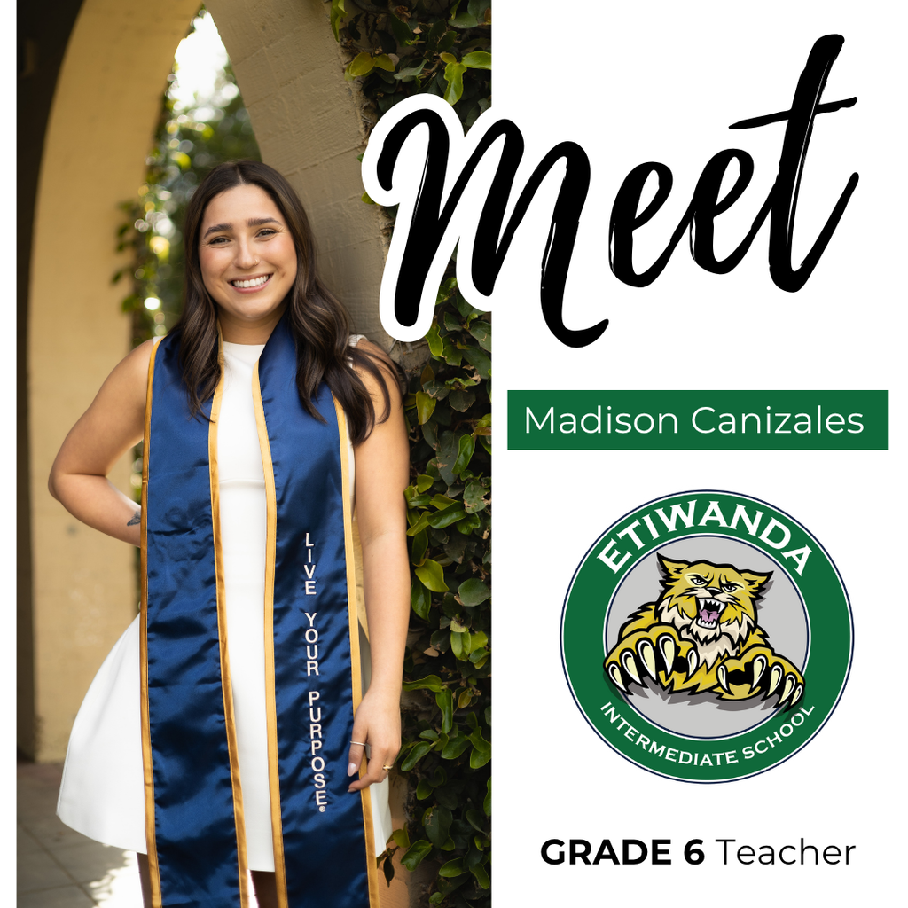 Text: Meet Madison Canizales, EIS Logo, Grade Six Teacher Image: woman wearing a yellow dress with brown hair