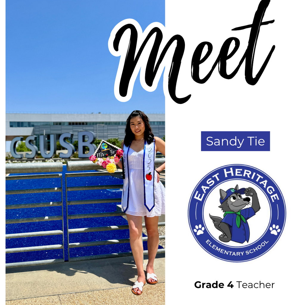 Text: Meet Sandy Tie, CSUSB, East Heritage logo, Grad 4 teacher Image: woman in a white dress 