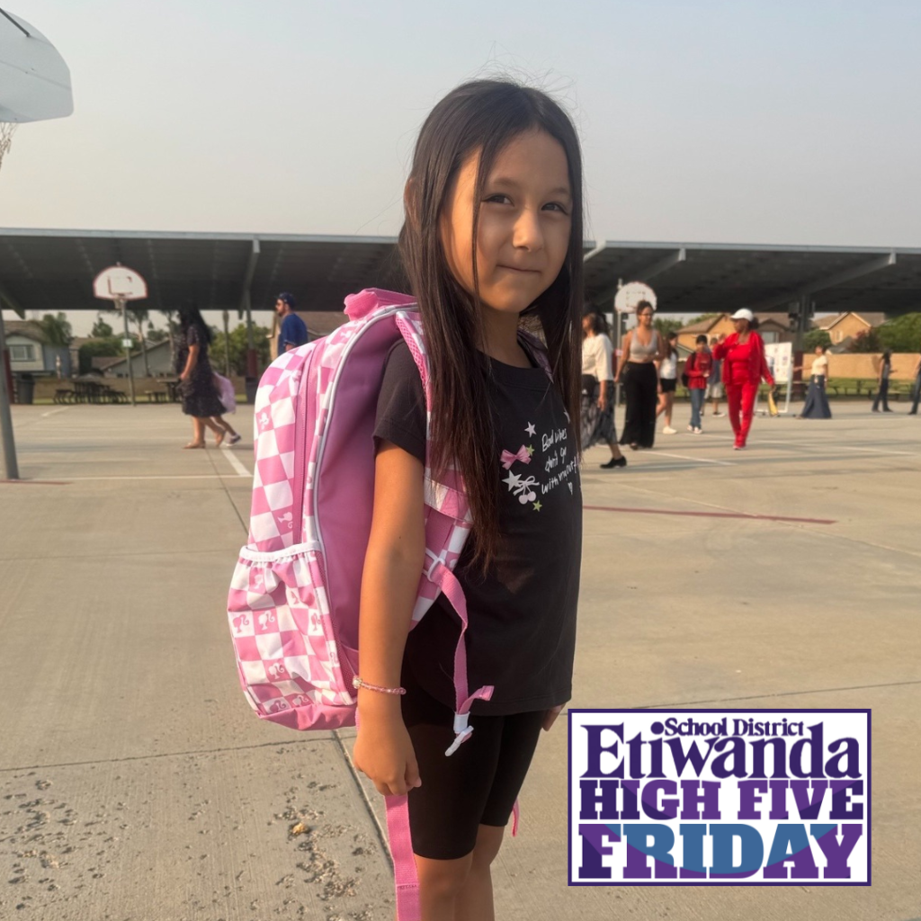 Text: High Five Friday Image: girl with a pink backpack