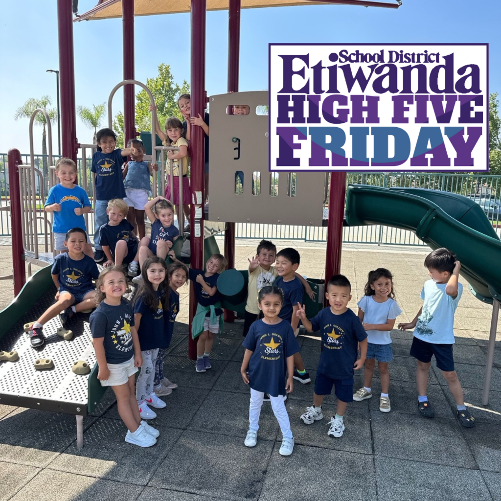 Text: High Five Friday Image: smiling students wearing blue shirts