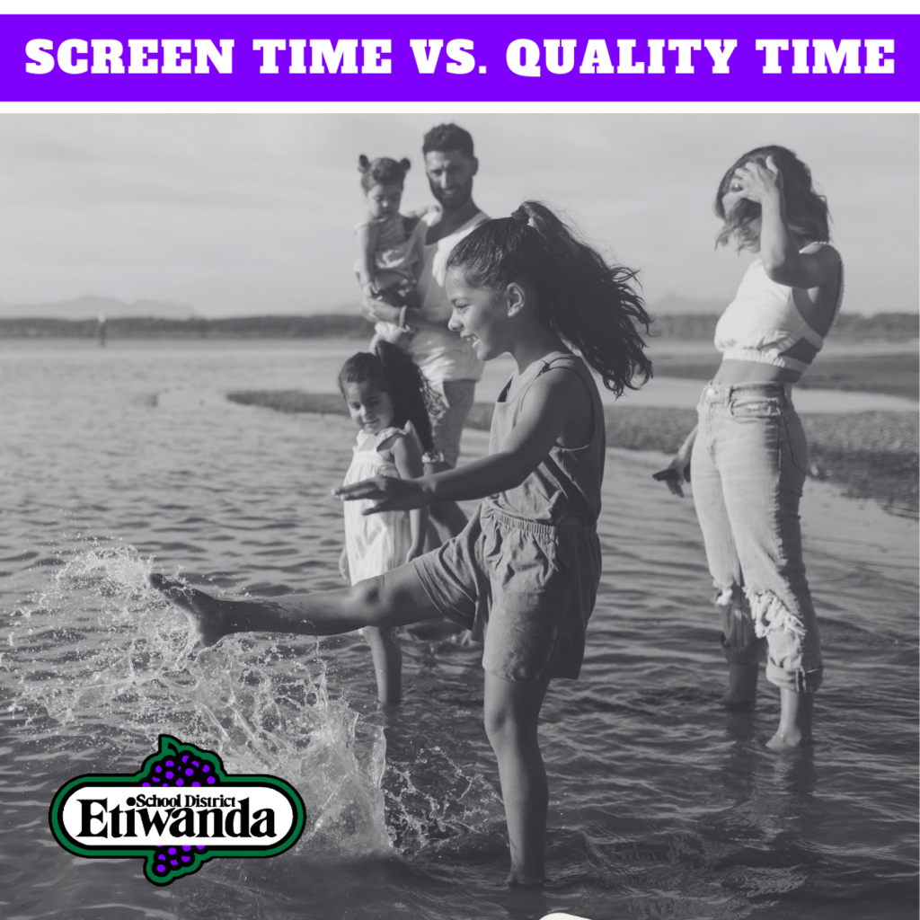 Screen Time vs. Quality Time Image of family playing in the water at the beach