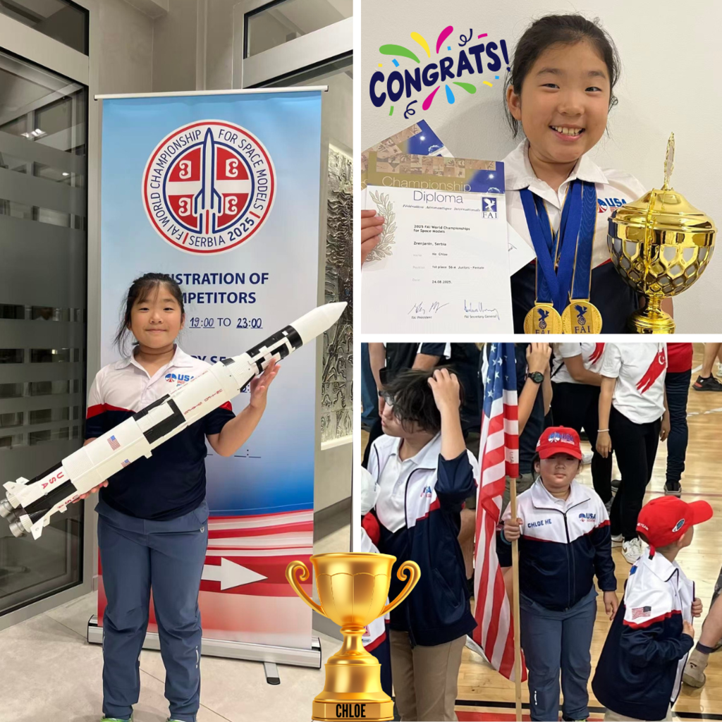 Images of a young student holding a rocket and medal