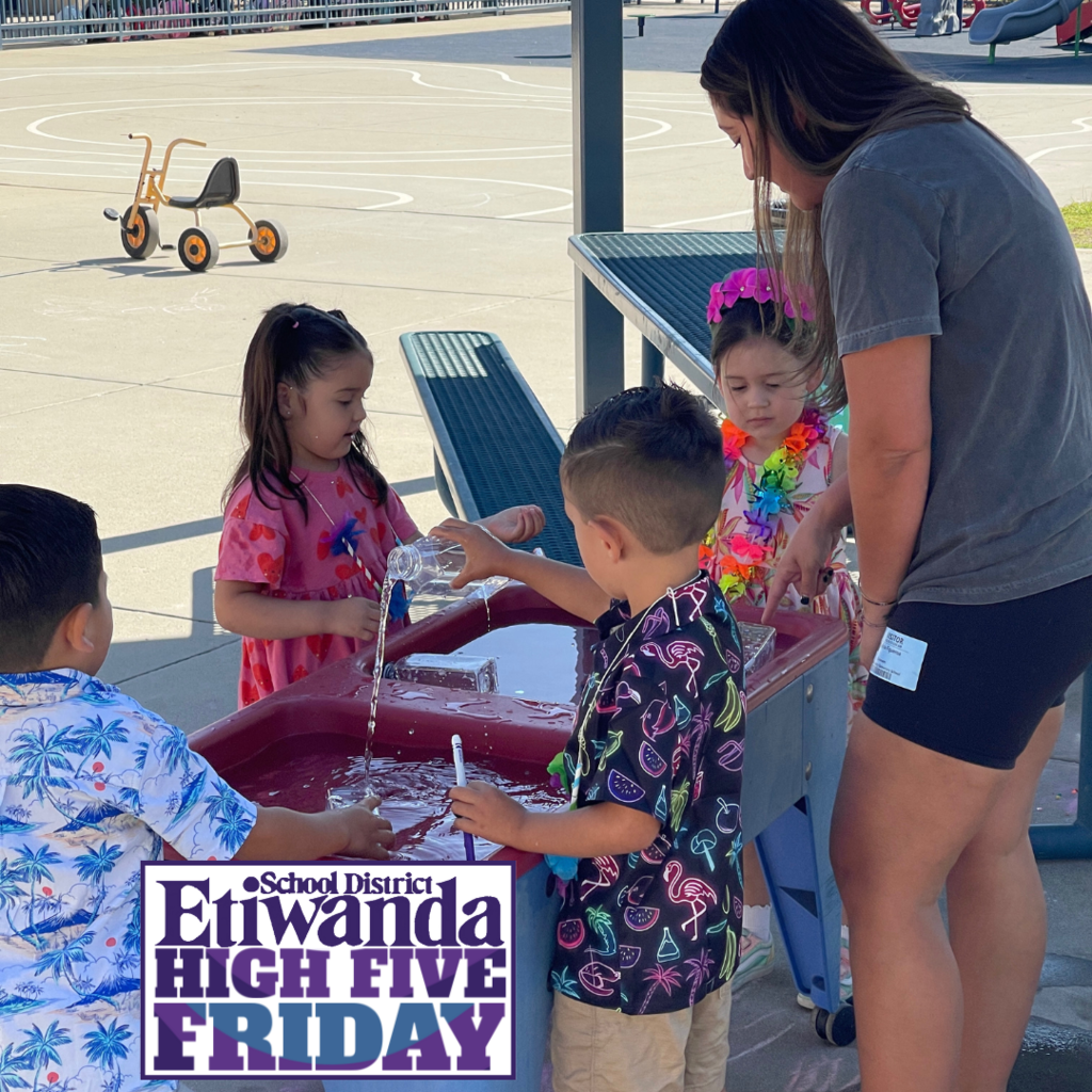 Text: High Five Friday, Image: female working with students and water