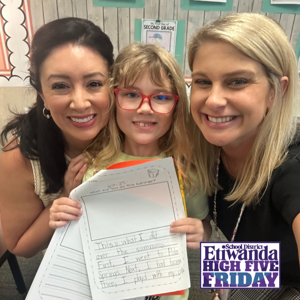 Text: High Five Friday, Etiwanda School District Image: Two female teachers smiling with a student holding a paper