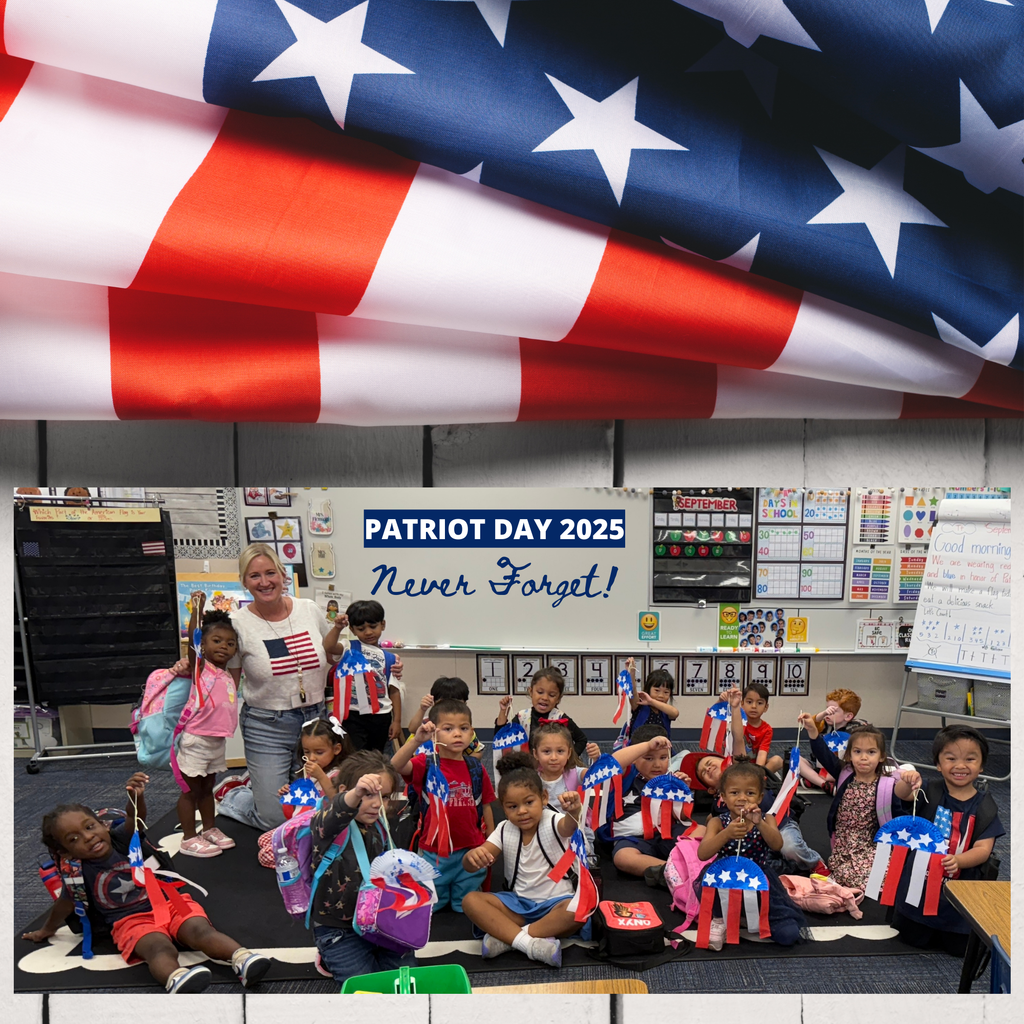 Text: Patriot Day 2025, Never Forget Image: students wearing red, white, and blue