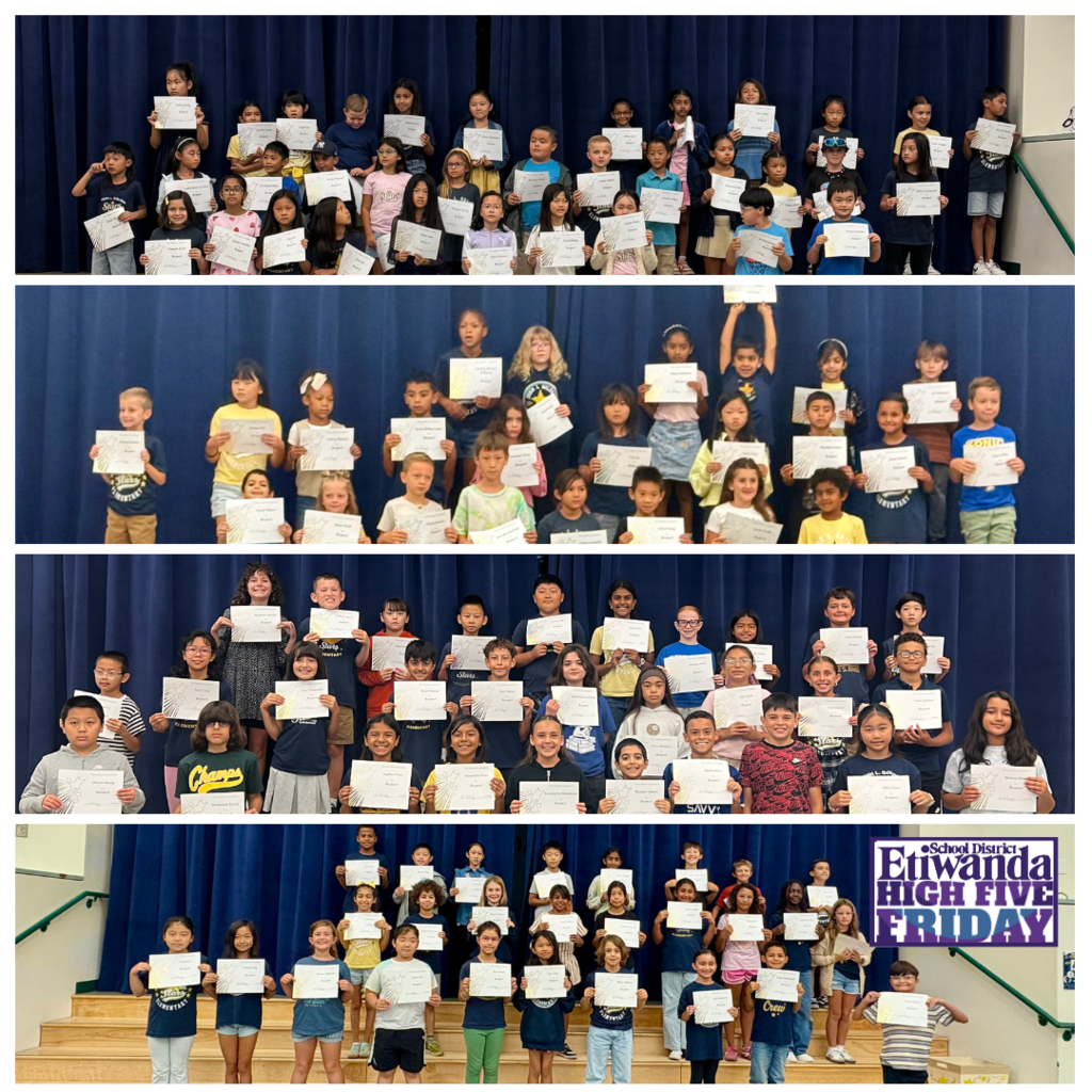 Text: High Five Friday Images: a lot of students standing on a stage holding an award