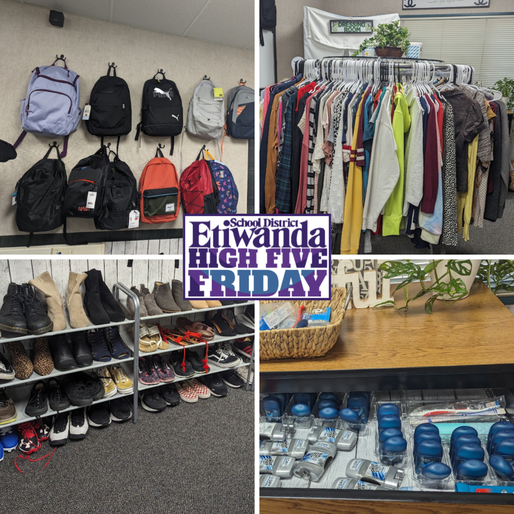 Text: Etiwanda High Five Images: backpacks, clothing , and shoes