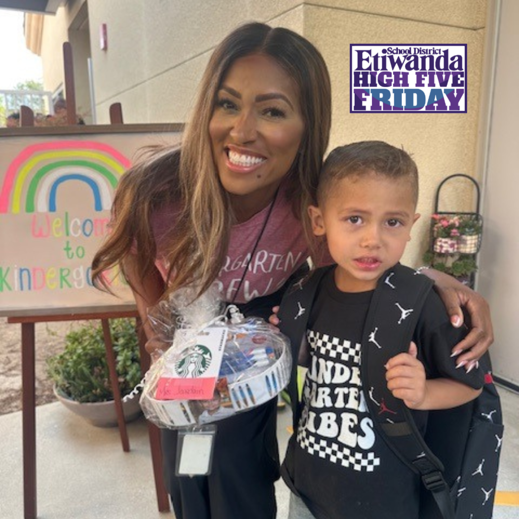 Text: high Five Friday, Etiwanda School Image: smiling student and teacher