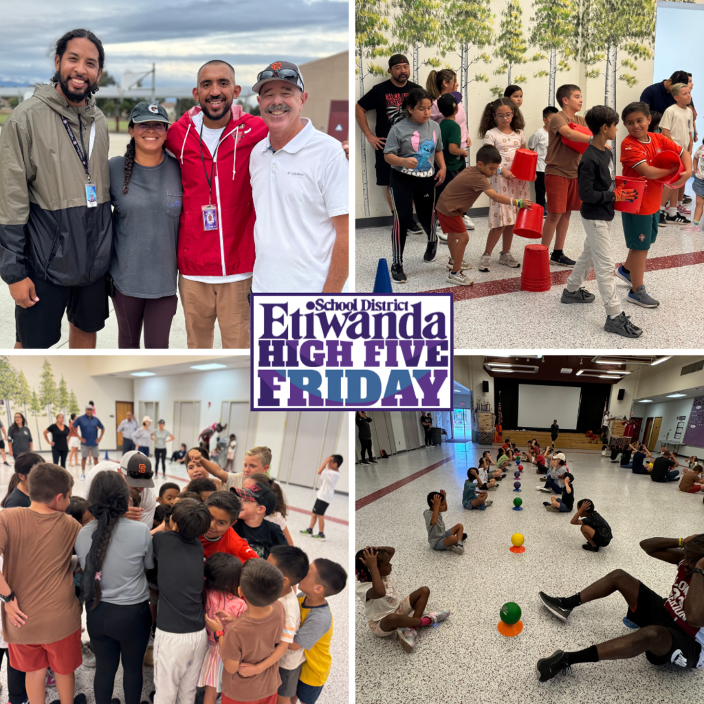 Text: Etiwanda School District, High Five Friday Image: students doing exercises and adults posing and smiling