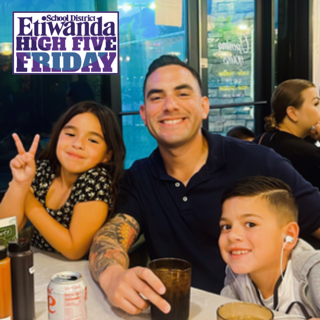 Text: High Five Friday Image: Smiling adult with two children