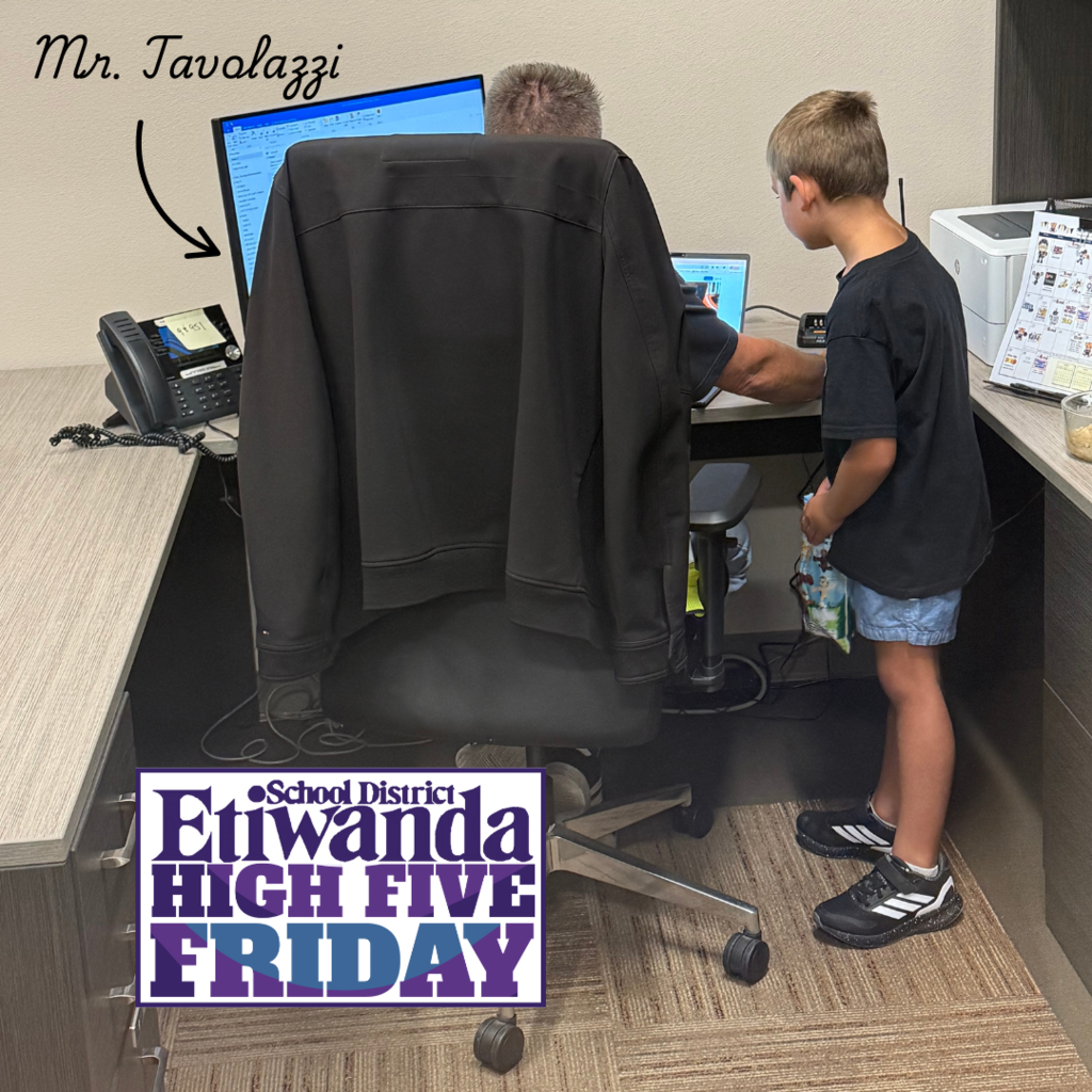 Text: Mr. Tavolazzi, Etiwanda school district, High Five Friday Image: adult and student looking at the computer