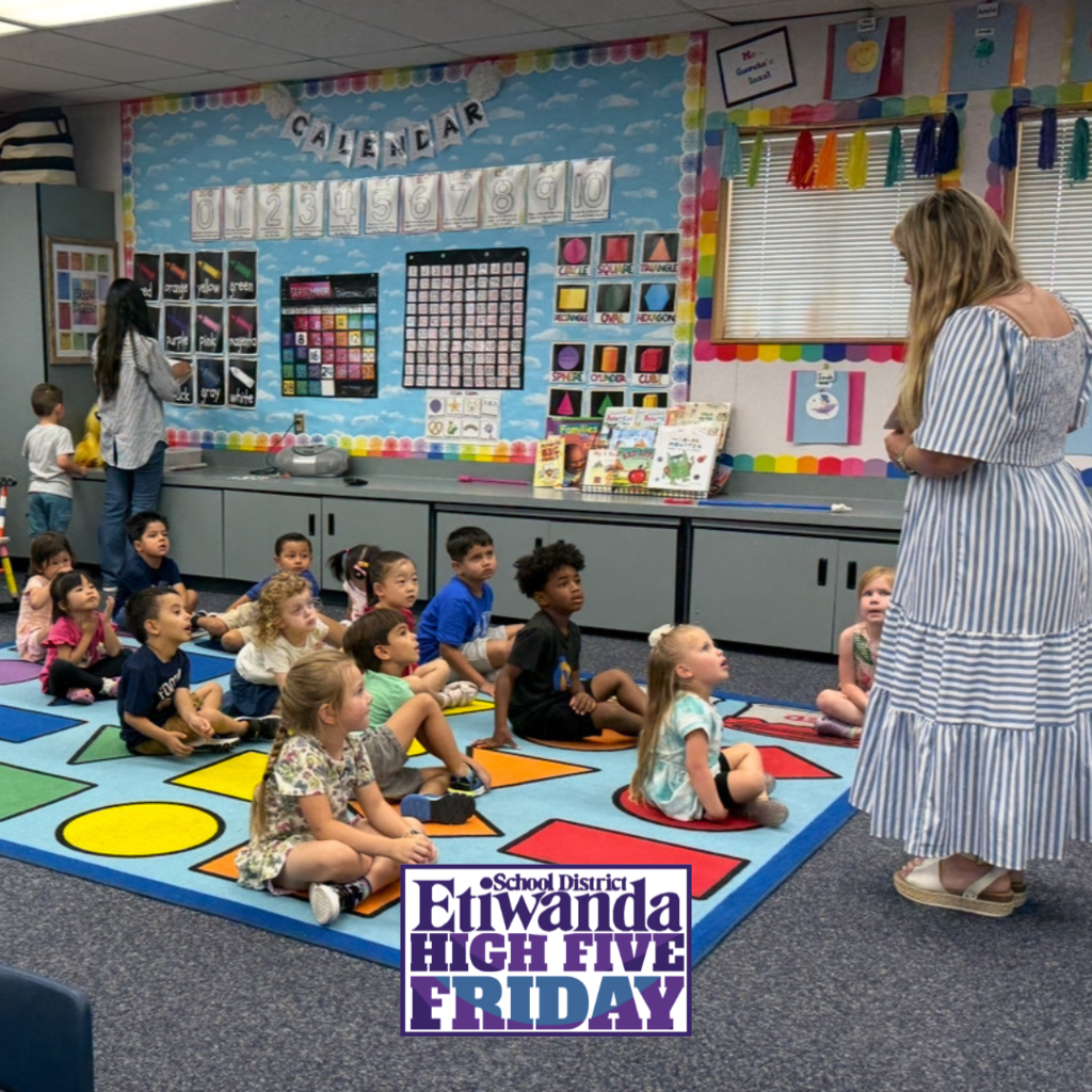 Text: Etiwanda School District, High Five Image: students in class with a teacher