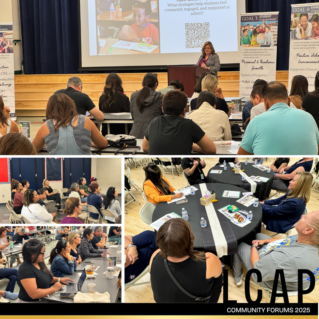 Text: LCAP Community Forums 2025 Images: adults in a cafeteria listening to a speaker and interacting