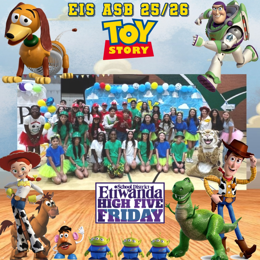Etiwanda School District, High Five Friday EIS ASB Image of Toy Story and students smiling