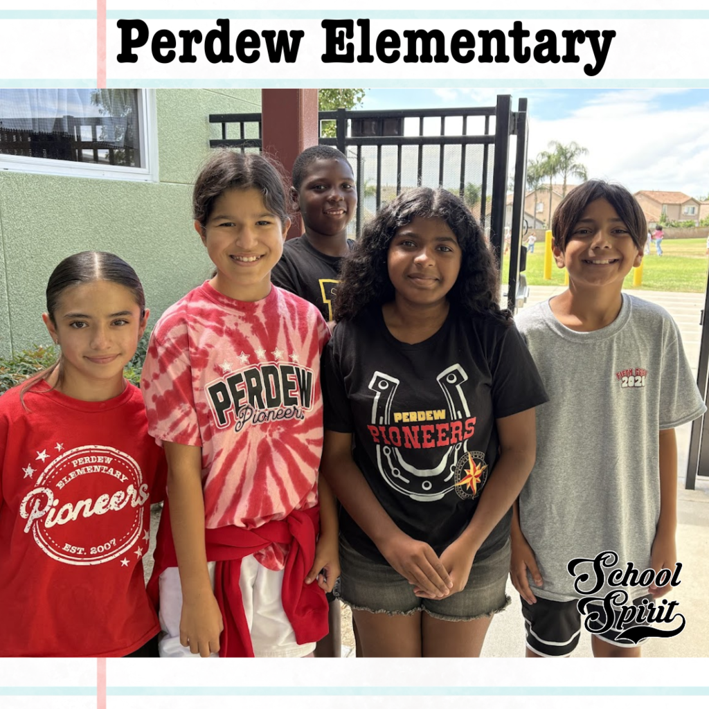 Text: Perdew Elementary Image: 5 students smiling wearing black and red Perdew Pioneer shirts