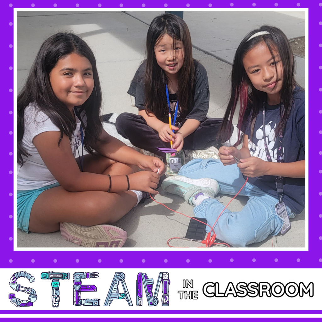 Text: STEAM In the Classroom Image: three students working with circuits